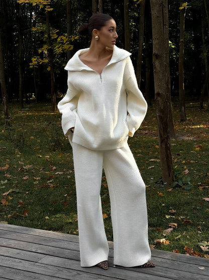Cardydony Women's Women's Knit 2 Piece Set – Half Zip Sweater and Wide Leg Pants