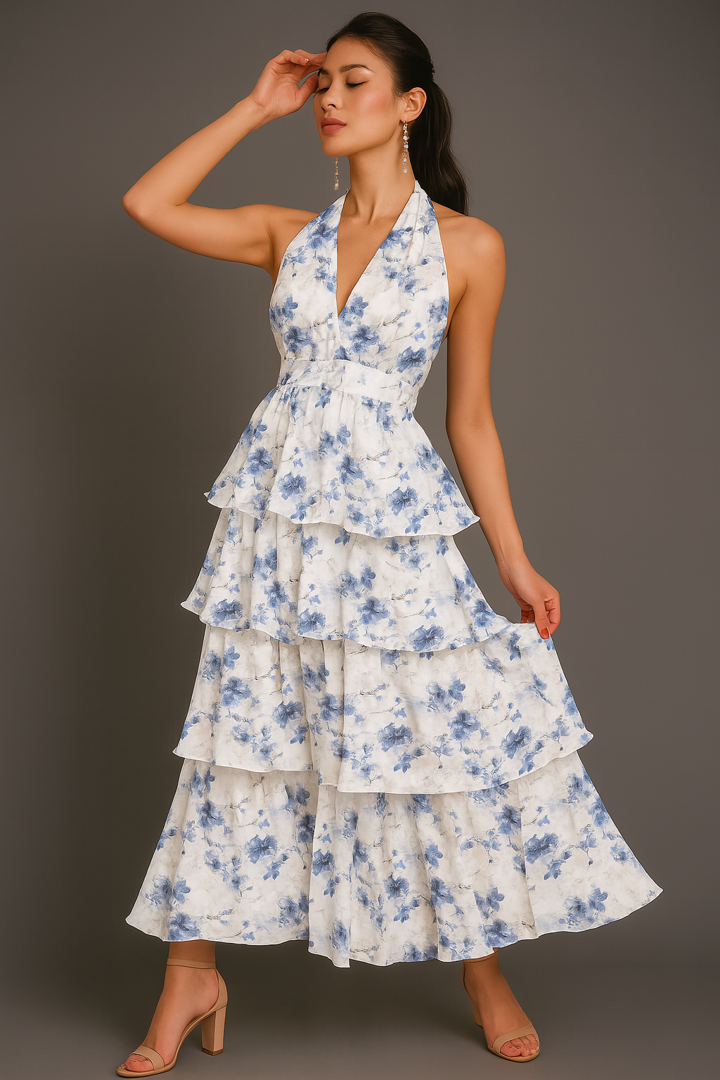Cardydony Women's Halter Tiered Ruffle Maxi Dress with Floral Print & Waist Detail – Boho Look