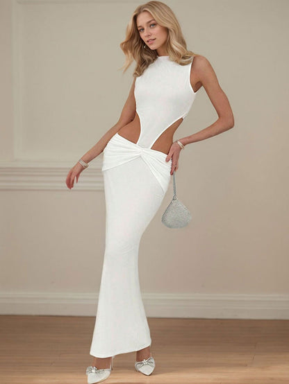 Cardydony Women's Women's Sexy White Maxi Dress – Cut-Out High Neck Draped Waist