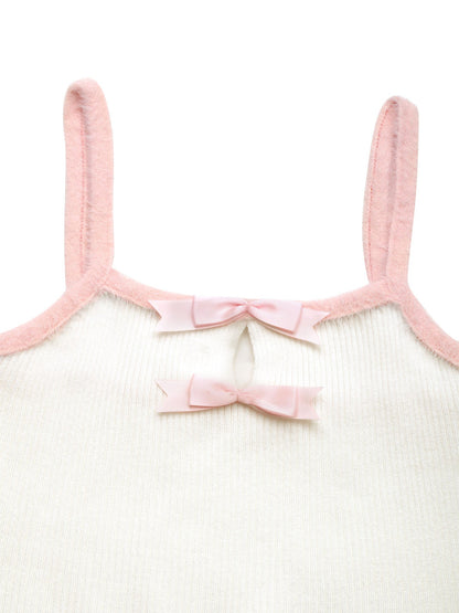 Cardydony Women's White Mini Dress | Ribbed Cami Tank Style with Pink Trim and Bow Detail