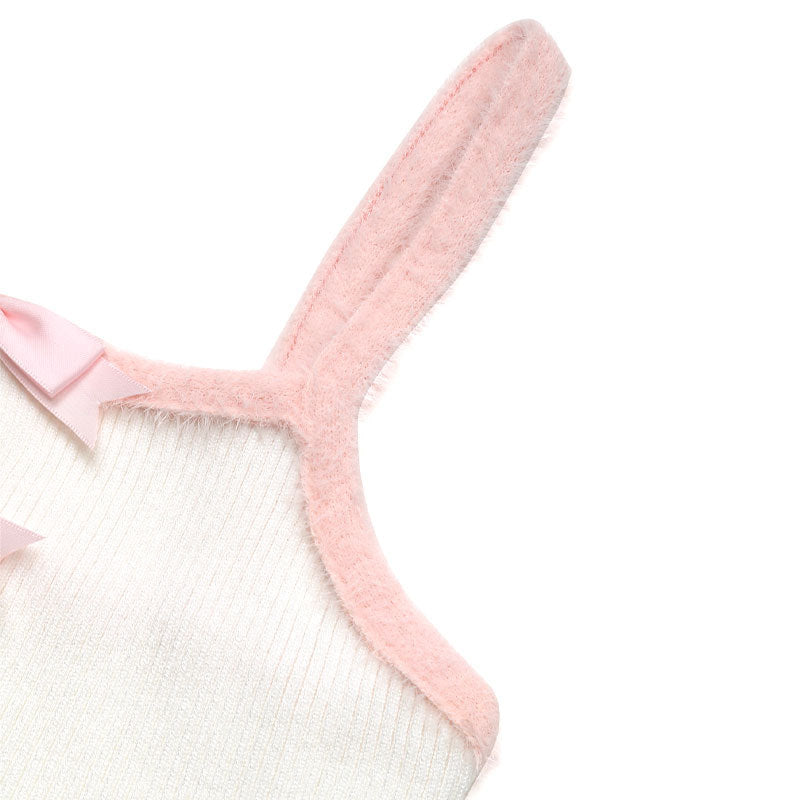 Cardydony Women's White Mini Dress | Ribbed Cami Tank Style with Pink Trim and Bow Detail