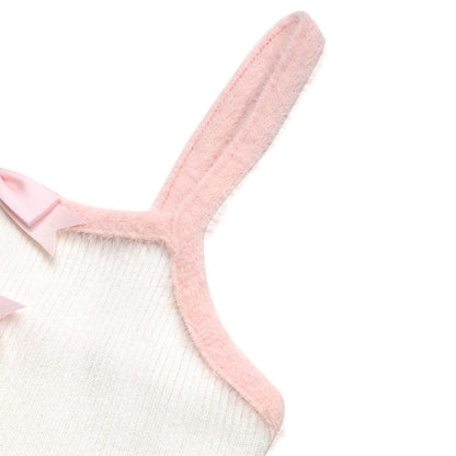 Cardydony Women's White Mini Dress | Ribbed Cami Tank Style with Pink Trim and Bow Detail