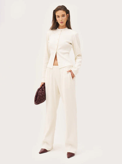 Cardydony Women's Women's Ribbed Knit Co Ord Set – Crop Cardigan & Wide Leg Pants