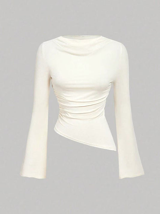 Cardydony Women's Women's Asymmetric Ruched Bell-Sleeve Top – Shirt Long Sleeve Tshirts