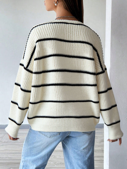 Cardydony Women's White Black Striped Oversized Knit Cardigan – Fall Button Sweater