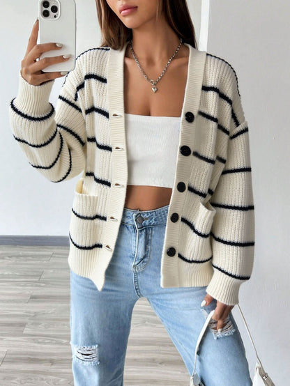 Cardydony Women's White Black Striped Oversized Knit Cardigan – Fall Button Sweater