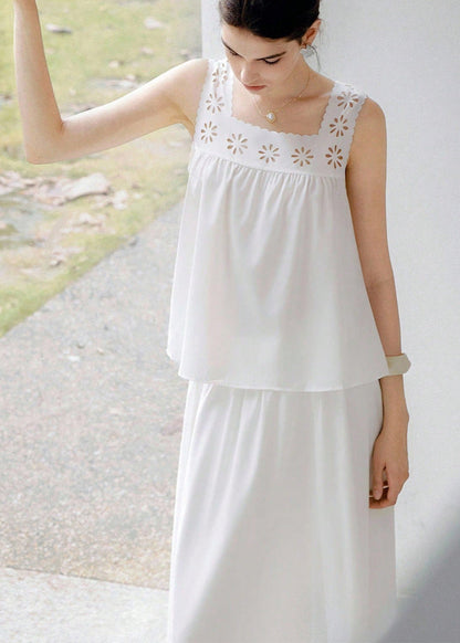 Cardydony Women's White Two Piece Set with Eyelet Cutout Top and Maxi Skirt – Summer Outfit