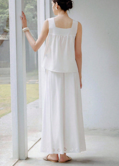 Cardydony Women's White Two Piece Set with Eyelet Cutout Top and Maxi Skirt – Summer Outfit
