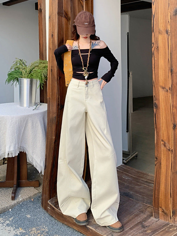 Cardydony Women's Wide Leg Jeans in Khaki & White | High Waist Curved Hem Vintage Trousers
