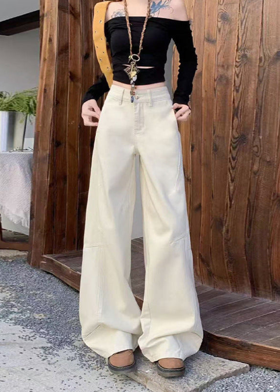 Cardydony Women's Wide Leg Jeans in Khaki & White | High Waist Curved Hem Vintage Trousers