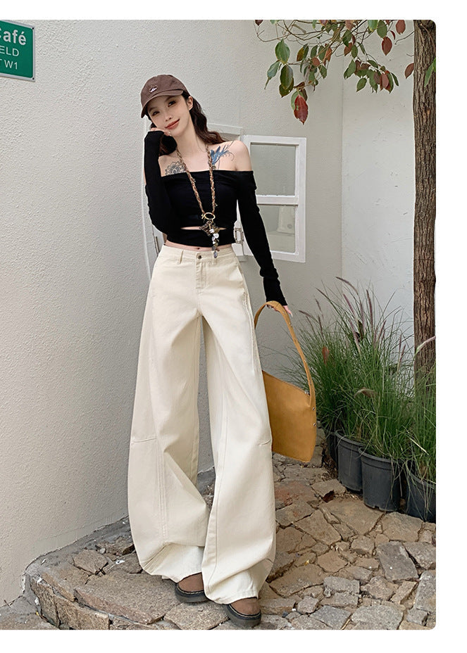 Cardydony Women's Wide Leg Jeans in Khaki & White | High Waist Curved Hem Vintage Trousers