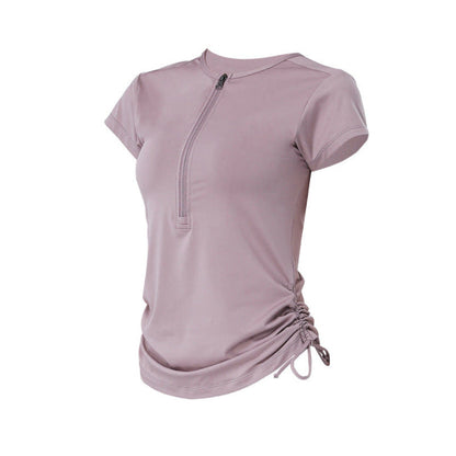 Cardydony Women's Slim Fit Short Sleeve Athletic Top with Zip Up & Drawstring Waist
