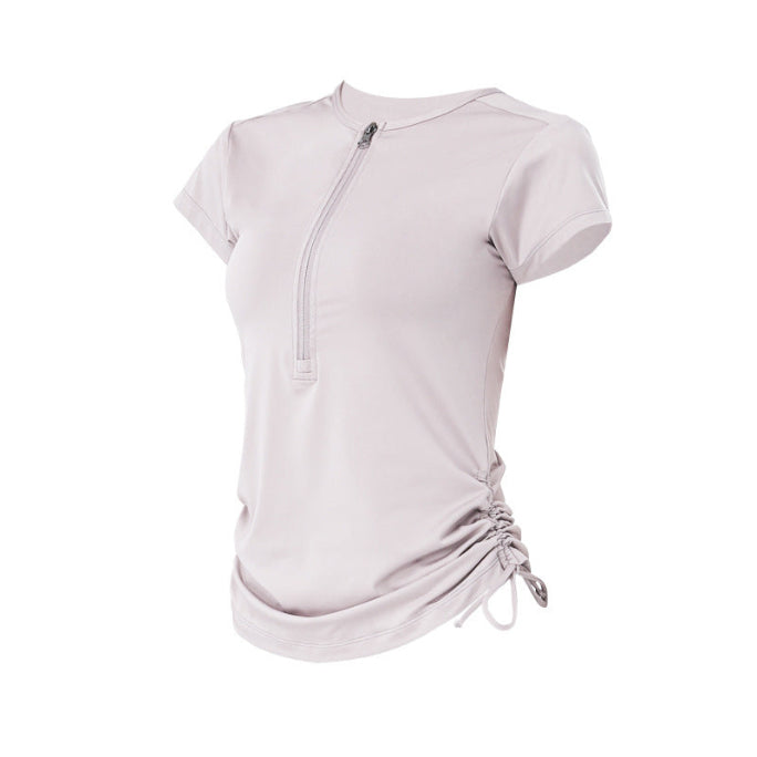 Cardydony Women's Slim Fit Short Sleeve Athletic Top with Zip Up & Drawstring Waist