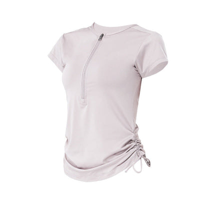 Cardydony Women's Slim Fit Short Sleeve Athletic Top with Zip Up & Drawstring Waist
