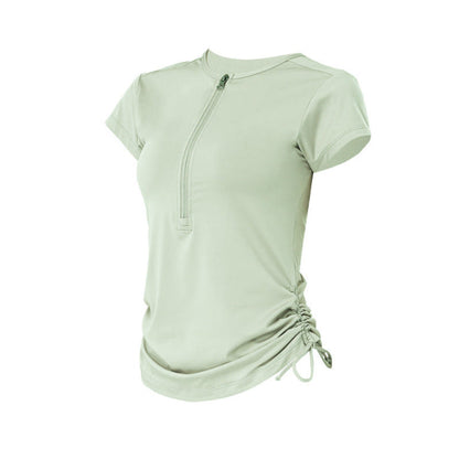 Cardydony Women's Slim Fit Short Sleeve Athletic Top with Zip Up & Drawstring Waist