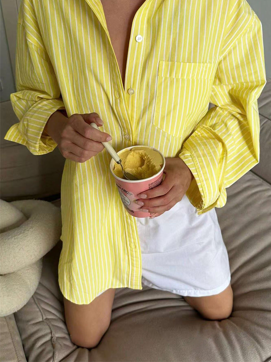 Cardydony Women's Yellow Striped Shirt – Oversized Button Down Long Sleeve