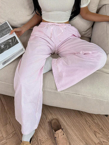 Cardydony Women's Pink Striped Wide Leg Pants with Drawstring – Women's Lounge Trousers