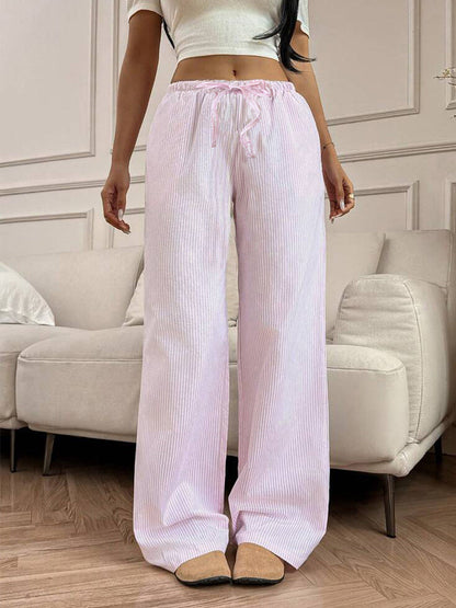 Cardydony Women's Pink Striped Wide Leg Pants with Drawstring – Women's Lounge Trousers