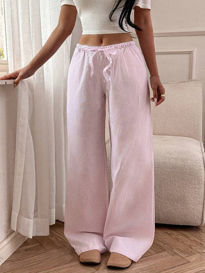 Cardydony Women's Pink Striped Wide Leg Pants with Drawstring – Women's Lounge Trousers