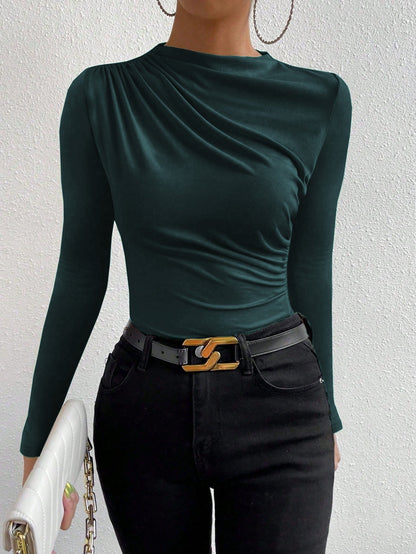 Cardydony Women's Women's Slim Fit Ruched Long Sleeve Top – Draped Crew Neck Shirt