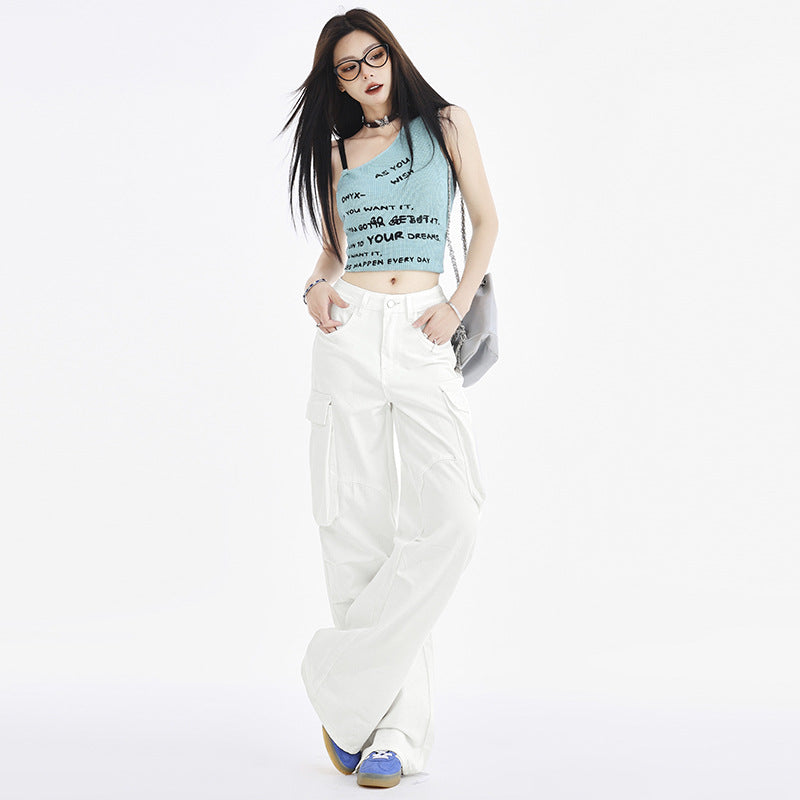 Cardydony Women's White Wide Leg Cargo Jeans – High Waist Loose Fit