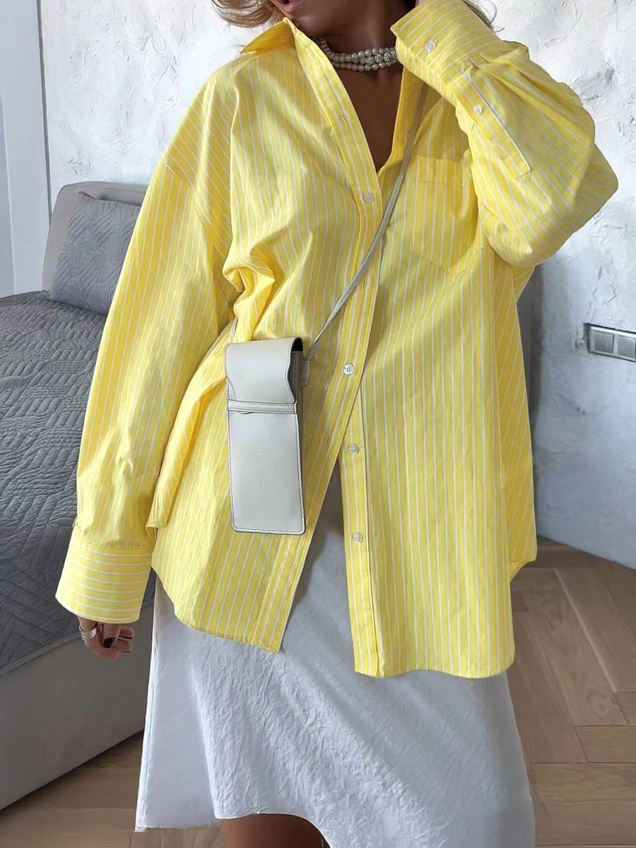 Cardydony Women's Yellow Striped Shirt – Oversized Button Down Long Sleeve