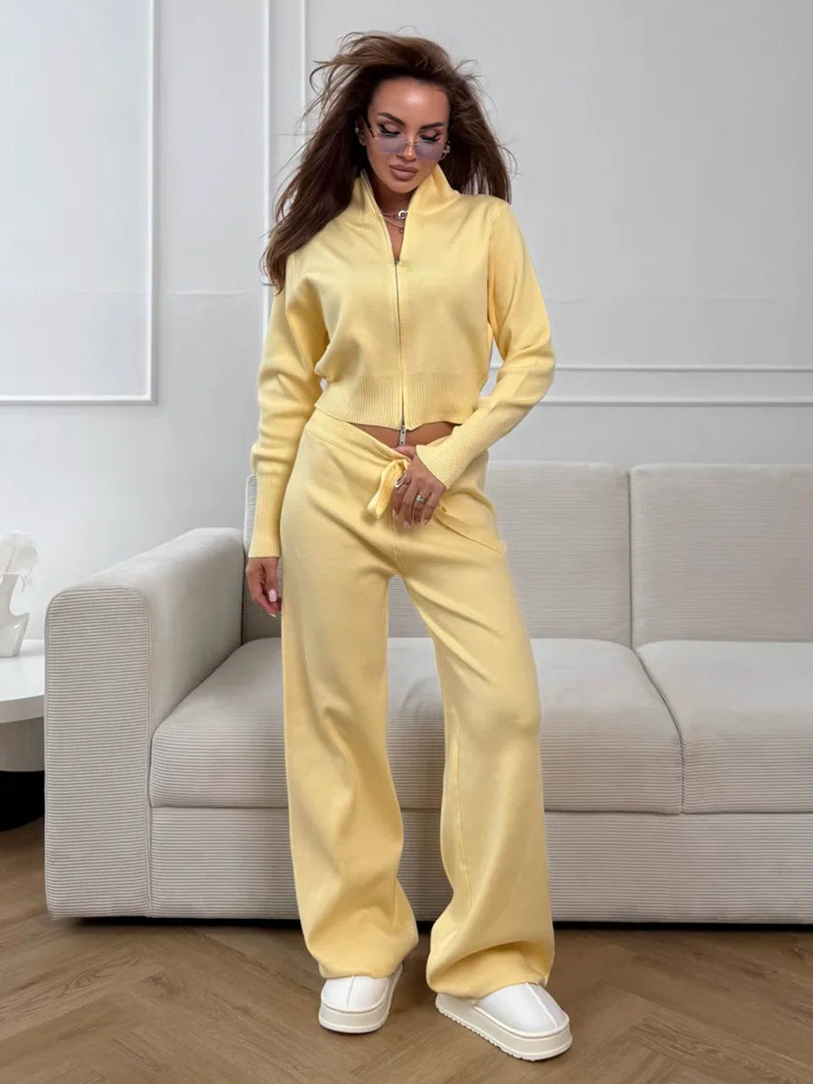 Cardydony Women's Women's Knit 2 Piece Set – Drawstring Wide Leg Pants with Zip Jacket Top
