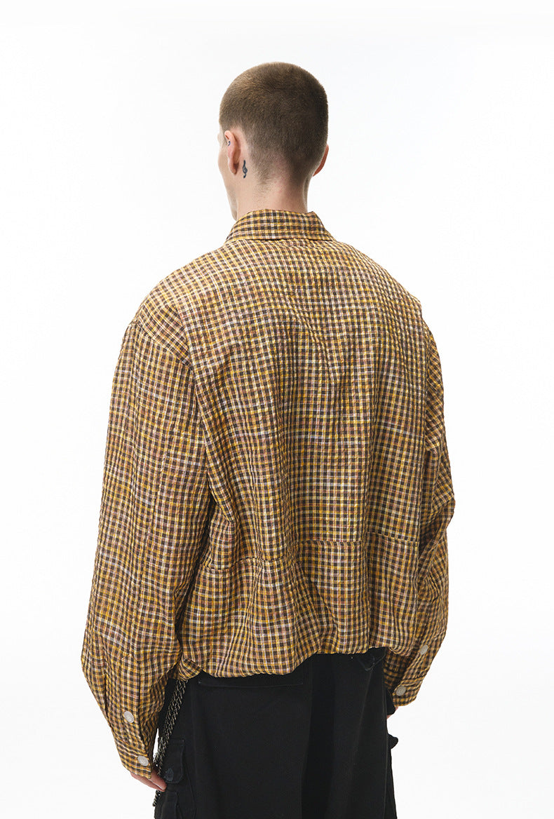 Cardydony Women's Plaid Shirt Oversized Button Up Seersucker Texture Curved Hem – Women's Layer
