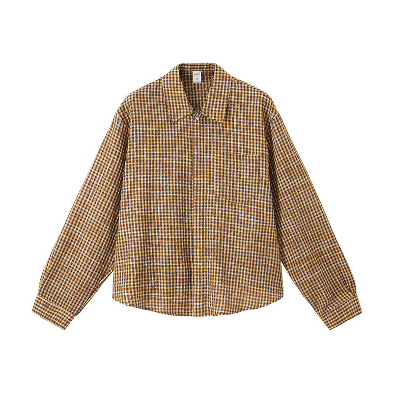 Cardydony Women's Plaid Shirt Oversized Button Up Seersucker Texture Curved Hem – Women's Layer