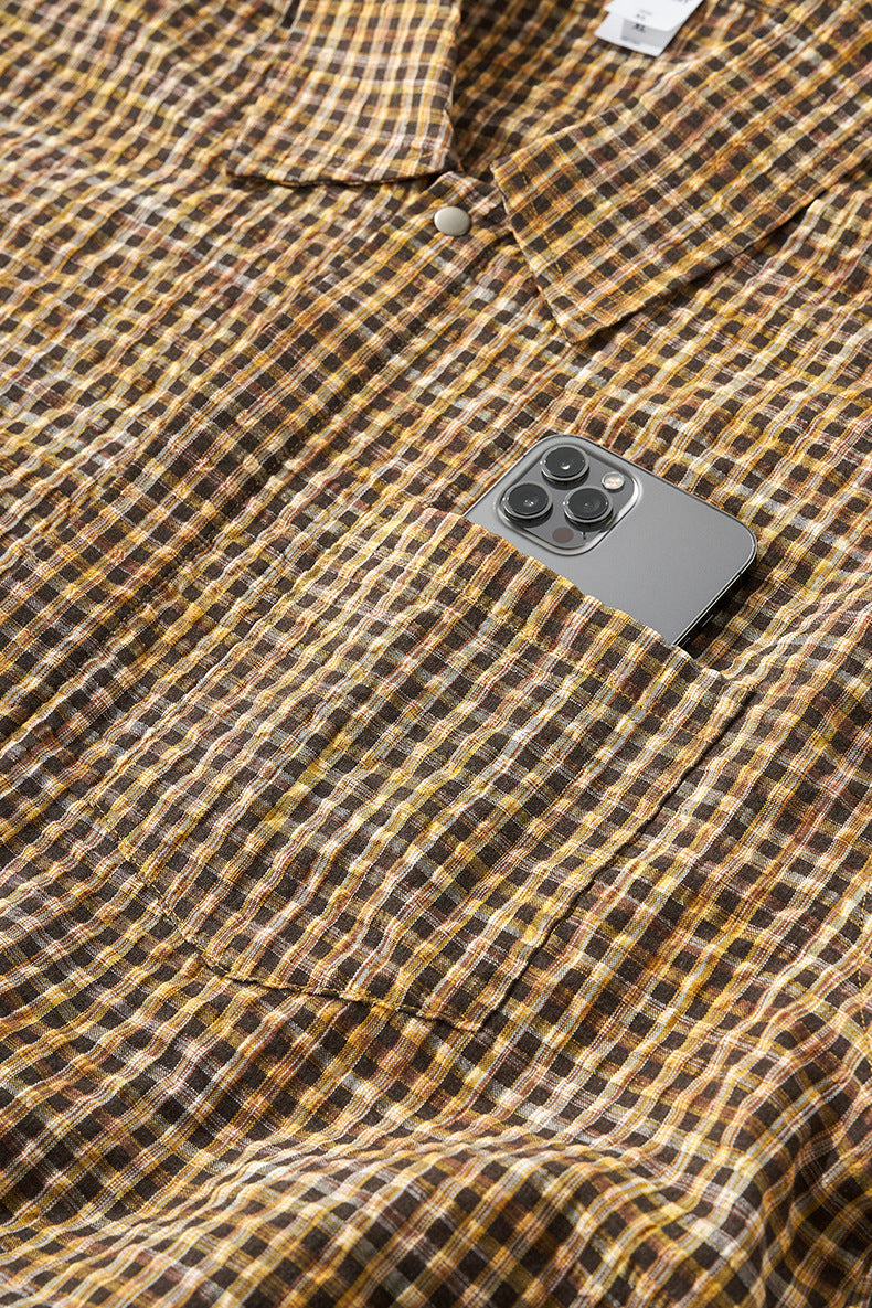 Cardydony Women's Plaid Shirt Oversized Button Up Seersucker Texture Curved Hem – Women's Layer